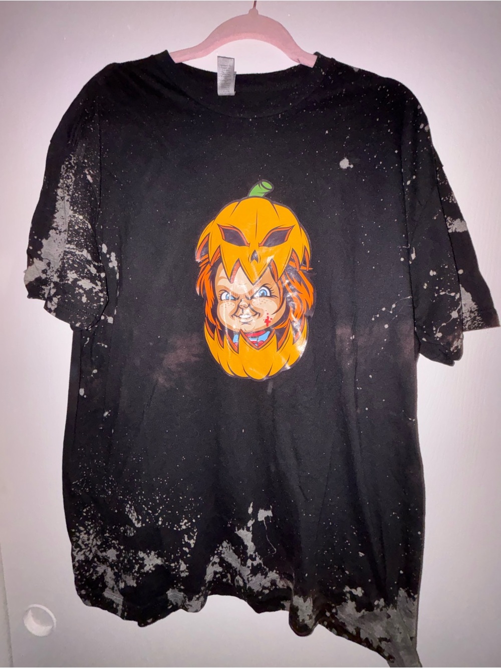 Gildan Black bleach style Tee with Orange Pumpkin Mask Graphic Chucky